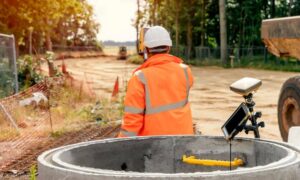 Construction surveyor using GPS rover on a job site with sun flare in background