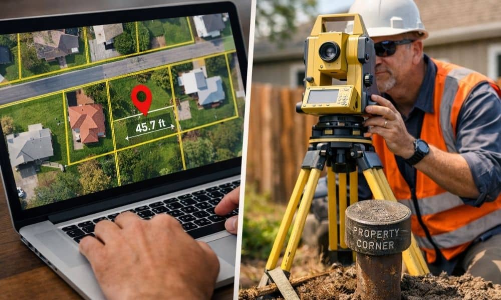 Digital map vs property boundary verification - ALTA SURVEY Minnesota Split scene showing a digital parcel map on a laptop beside a cadastral surveyor using professional equipment to verify a residential property boundary