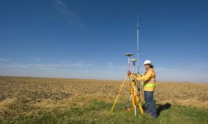 Land surveying professional using a GPS rover and tripod in an open field to capture accurate position data