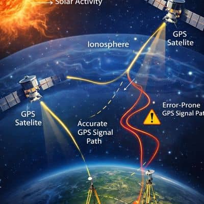Diagram showing how solar activity distorts GPS signals and why land surveying requires verification and control checks