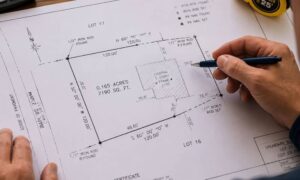 Hands hold a blueprint showing a property lot plan with measurements and a square building footprint, a pencil near the right hand, and a tape measure at the top-right edge.