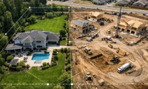 Residential home next to an active housing construction site with visible property boundary lines showing how an ALTA survey identifies land use and development risks