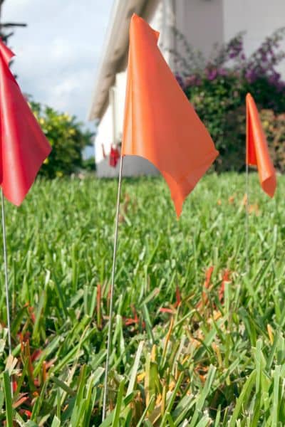 Utility locate flags marking underground lines before a boundary survey on residential property
