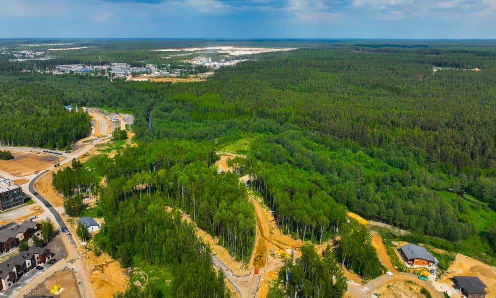 Aerial drone view of dense forest and land development showing how lidar mapping reveals terrain beneath tree canopy