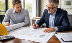 Licensed surveyor reviewing signed property survey documents in a modern office conference room