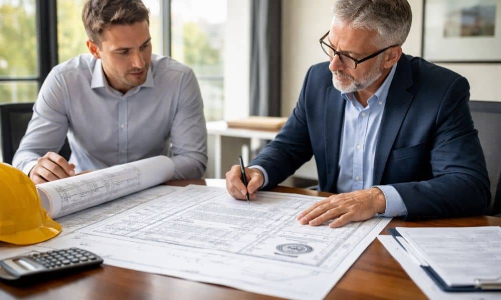 Licensed surveyor reviewing signed property survey documents in a modern office conference room