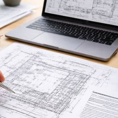 Professional reviewing documents and plans during an alta survey certification and standards check