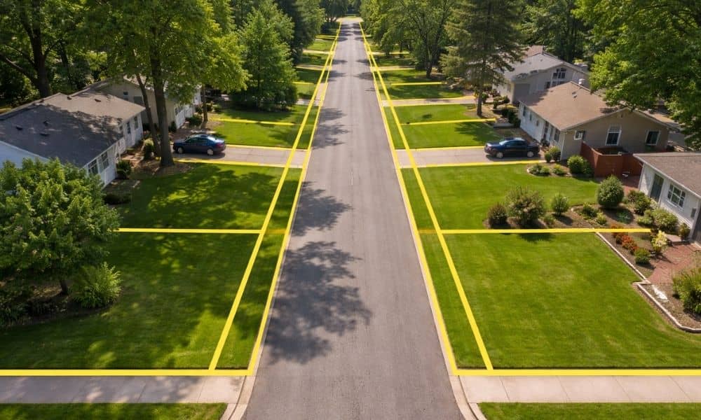 Residential street with overlaid boundary lines showing how a property survey reveals hidden property lines along a private road