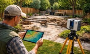 Backyard elevation overlay - ALTA SURVEY Minnesota A realistic backyard with a patio, garage, and trees showing subtle slopes and drainage patterns using a semi-transparent overlay representing lidar mapping