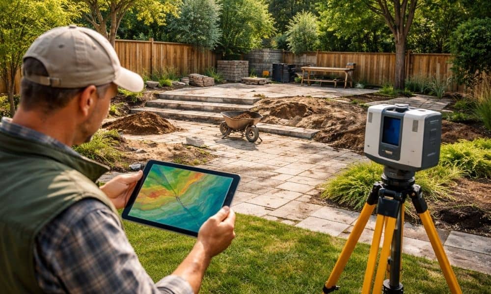 A realistic backyard with a patio, garage, and trees showing subtle slopes and drainage patterns using a semi-transparent overlay representing lidar mapping