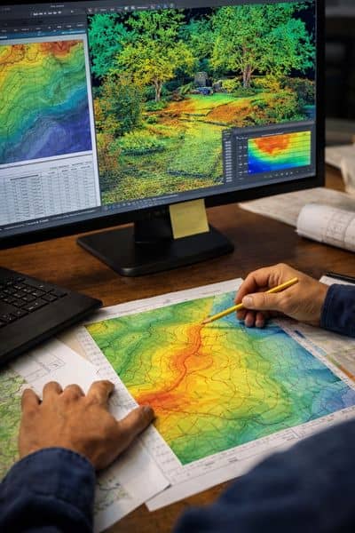 A realistic backyard shown with a 3D color-coded elevation map and subtle grid overlay highlighting slopes and drainage patterns using lidar mapping
