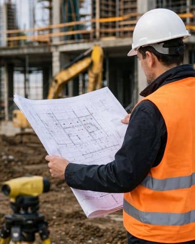 Construction plans reviewed at a job site with layout markings visible on the ground