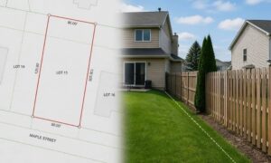 Side-by-side view of a digital property map and a real residential yard showing slight differences in boundary lines, illustrating how a land survey company verifies actual property lines