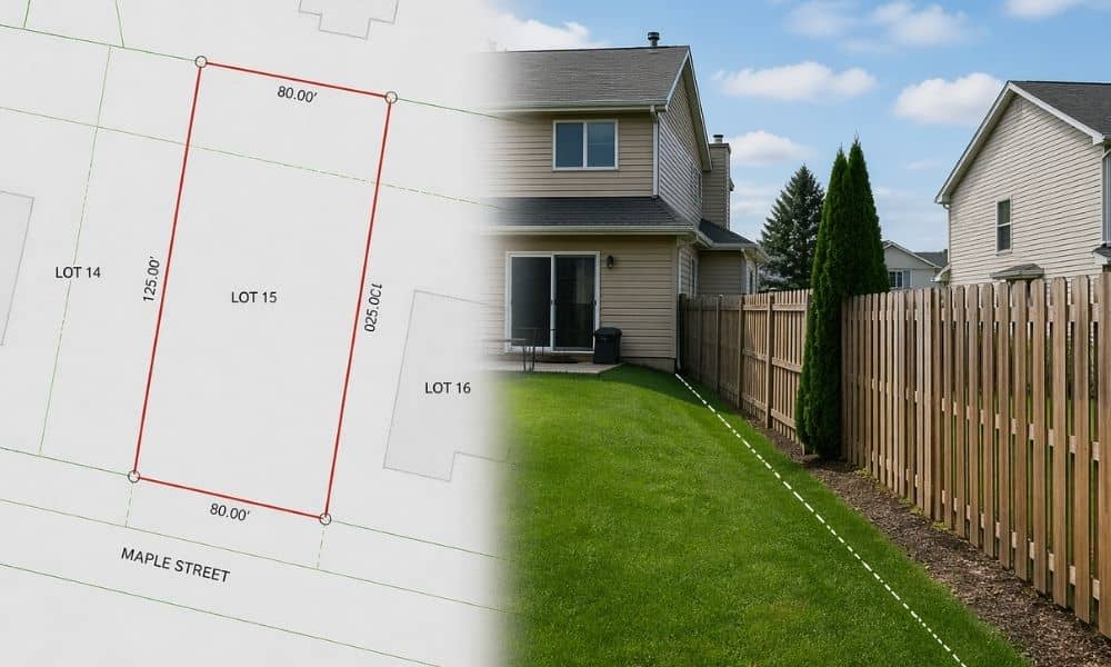 Side-by-side view of a digital property map and a real residential yard showing slight differences in boundary lines, illustrating how a land survey company verifies actual property lines