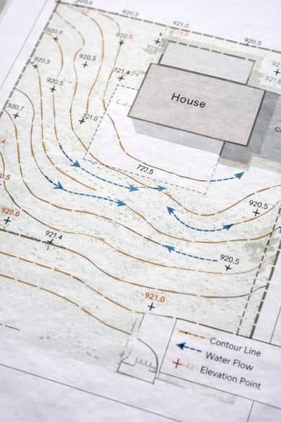 Topographic survey showing contour lines and elevation points used to understand yard drainage and slope direction