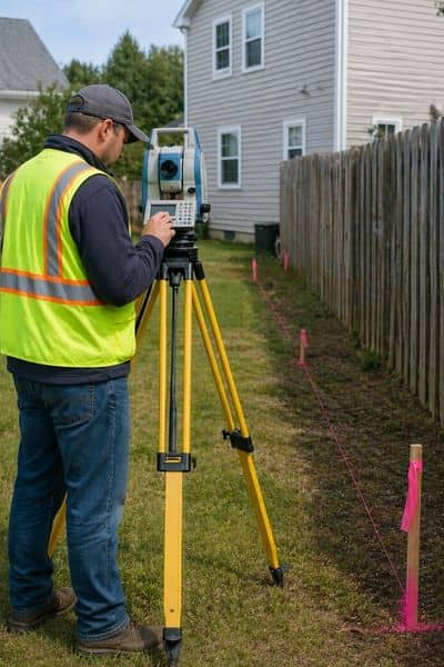 Surveyor using field equipment to measure and mark property lines on a residential lot, showing how a land survey company confirms accurate boundaries on site