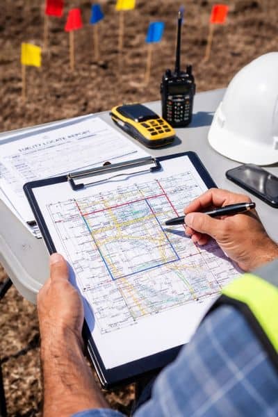A surveyor reviewing digital maps and data during a boundary survey to ensure accurate property lines