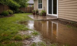 Water pooling near house yard after rain - ALTA SURVEY Minnesota Water pooling near a residential home after rain showing drainage issue revealed by a topographic survey