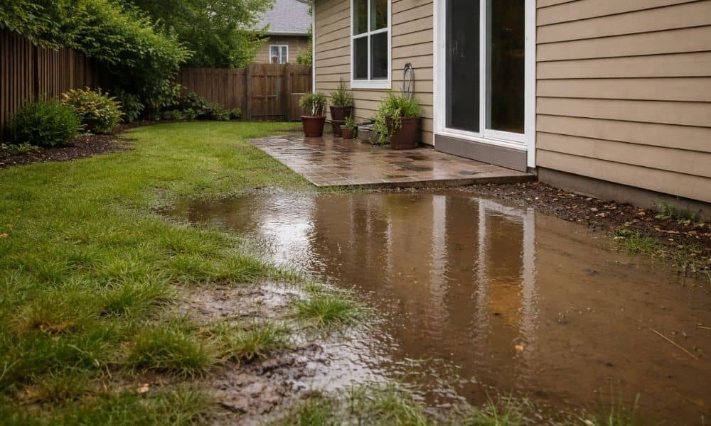 Water pooling near a residential home after rain showing drainage issue revealed by a topographic survey