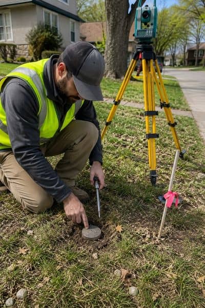 Licensed land surveyor locating a property marker in a residential yard using professional survey equipment