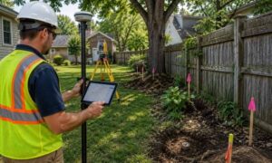 Land survey fence project missing property stakes - ALTA SURVEY Minnesota Licensed land surveyor locating missing property stakes and verifying a residential boundary before installing a new backyard fence