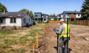 Land surveyor lot combination - ALTA SURVEY Minnesota A licensed land surveyor uses GPS equipment to mark the boundary between two residential lots in a neighborhood undergoing redevelopment