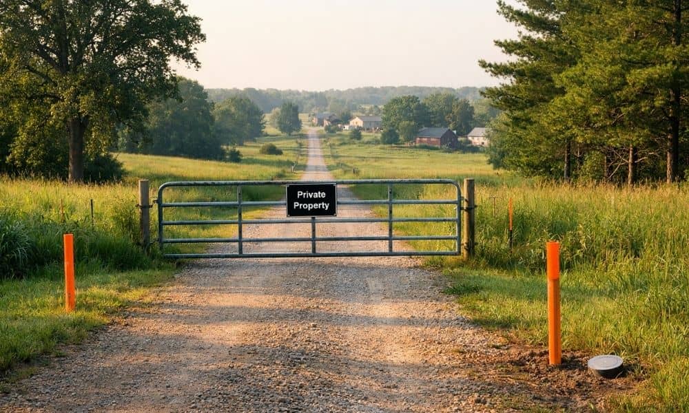 Locked gate blocking a rural private road with survey markers during a property access dispute
