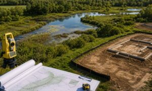 Residential land survey wetland edge construction planning - ALTA SURVEY Minnesota Residential land survey equipment overlooking a construction site beside a wetland, showing site planning near a protected wetland buffer before home construction