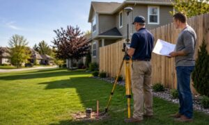 Survey companies near me property boundary after home sale - ALTA SURVEY Minnesota A homeowner watches a land surveyor check the property line beside a backyard fence after buying a new home