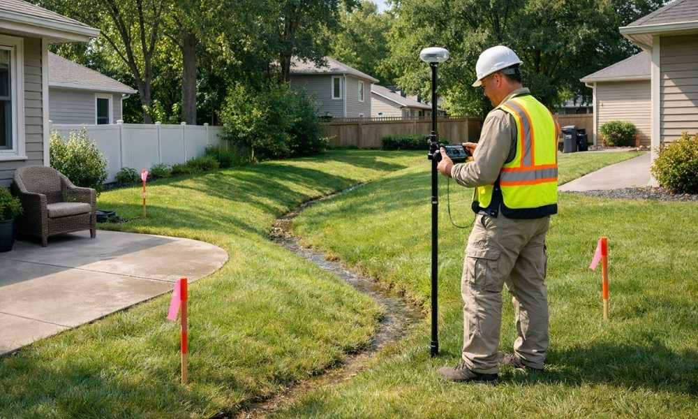 A surveyor uses GPS equipment for survey mapping on a small residential lot during a drainage review