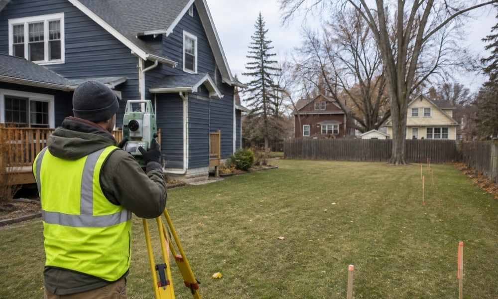 Residential land surveyor in Minneapolis reviewing property lines for a detached garage permit site plan